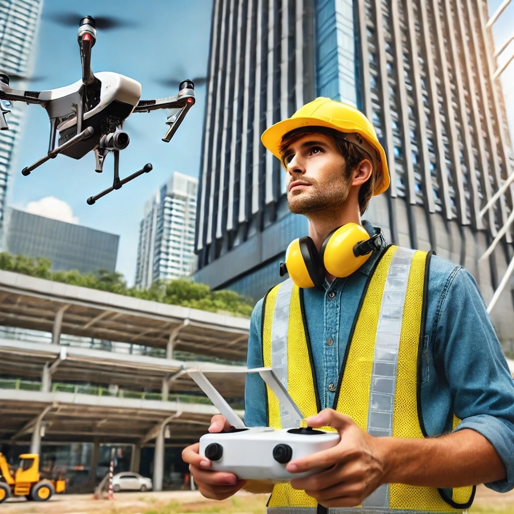 Construction worker flying a drone