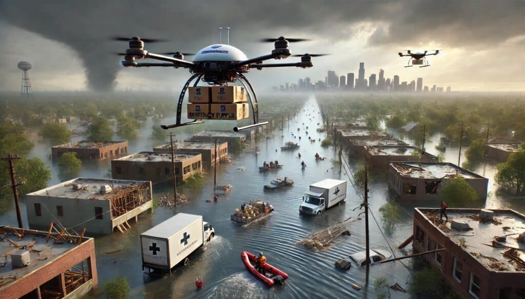 Drones delivering supplies in disaster